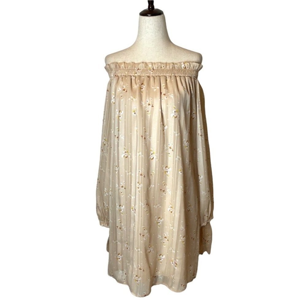 Wayf Cream Off The Shoulder Long Sleeve Floral Print Flowy Tunic Dress L